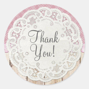 Shabby Cottage Chic Doily op Rustiek Hout Dank u Ronde Sticker