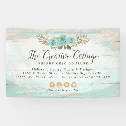 Shabby Cottage Chic Turquoise Bloemen Rustiek Hout Spandoek (Horizontaal)