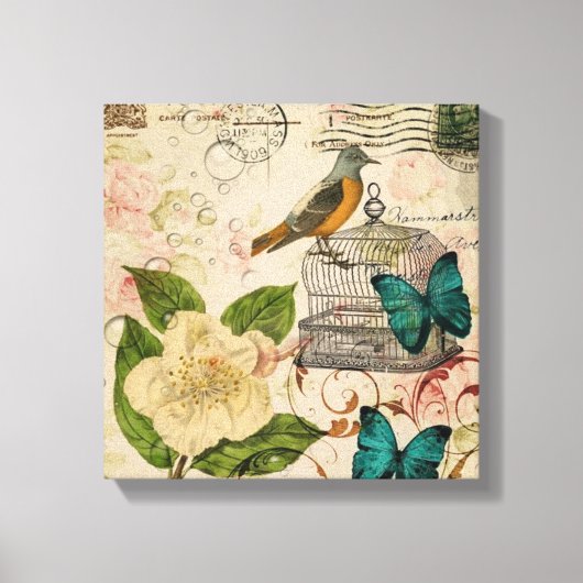 shabby elegance florale vogel frans botanisch canvas afdruk (Voorkant)