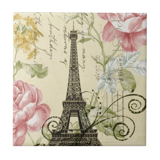 shabby elegance yellow roze floral eiffel tower tegeltje (Voorkant)