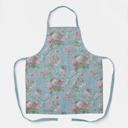 Shabby Elegant Roze en Wit Bloemen op Blauw Schort (Voorkant)