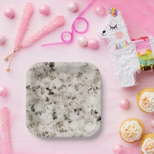  shabby elegant witte grijze rozen floraal papieren bordje (Feest)