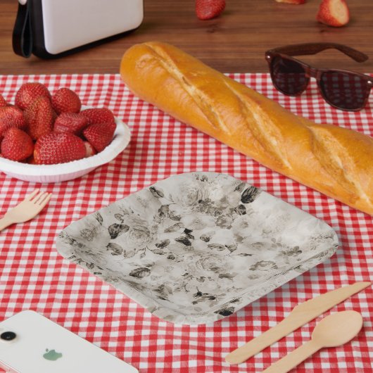  shabby elegant witte grijze rozen floraal papieren bordje (Picknick)