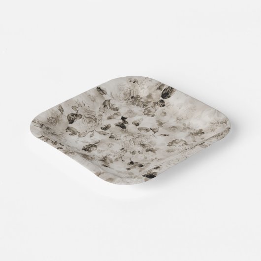  shabby elegant witte grijze rozen floraal papieren bordje (Gebogen)