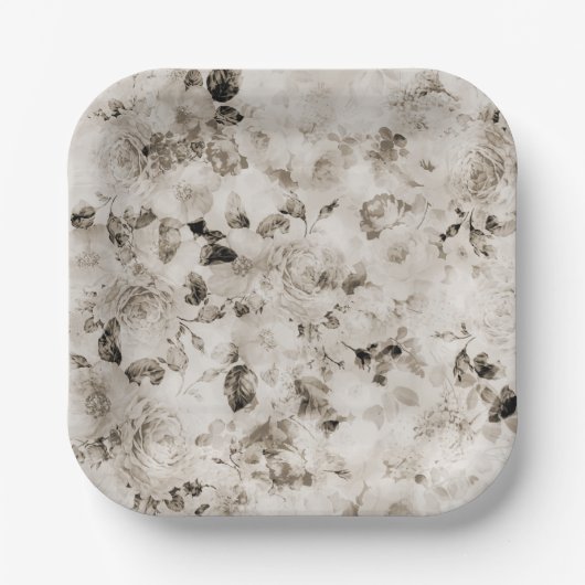  shabby elegant witte grijze rozen floraal papieren bordje (Voorkant)