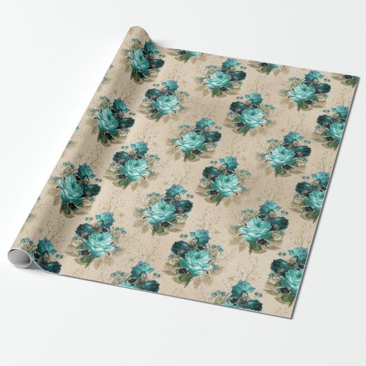 Shabby Floral Aqua Series Design 3 Cadeaupapier (Uitgerold)