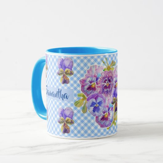 Shabby Pansy Floral Blue Gingham Flowers Girls Mok (Voorkant links)