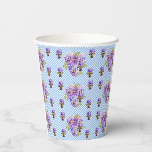 Shabby Pansy Floral Blue Gingham Flowers Girls Papieren Bekers (Achterkant)