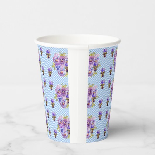Shabby Pansy Floral Blue Gingham Flowers Girls Papieren Bekers (Rechts)