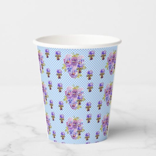 Shabby Pansy Floral Blue Gingham Flowers Girls Papieren Bekers (Voorkant)
