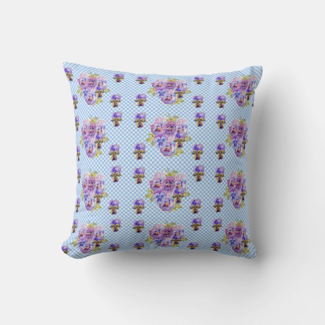 Shabby Pansy Floral Blue Gingham Flowers Retro Kussen (Voorkant)