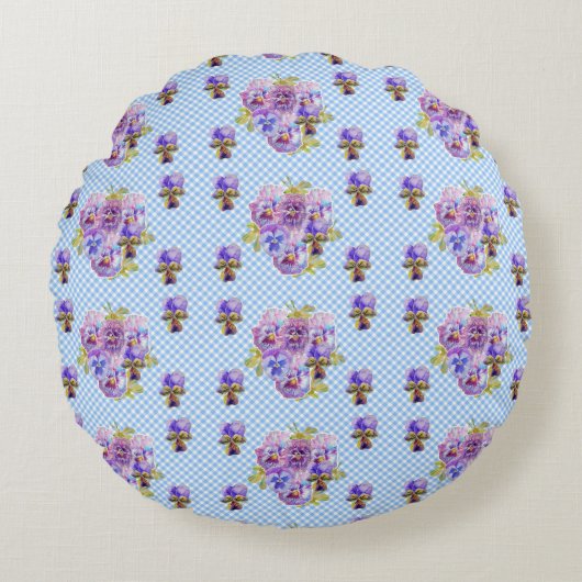 Shabby Pansy Floral Blue Gingham Flowers Retro Rond Kussen (Voorkant)