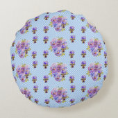 Shabby Pansy Floral Blue Gingham Flowers Retro Rond Kussen (Achterkant)