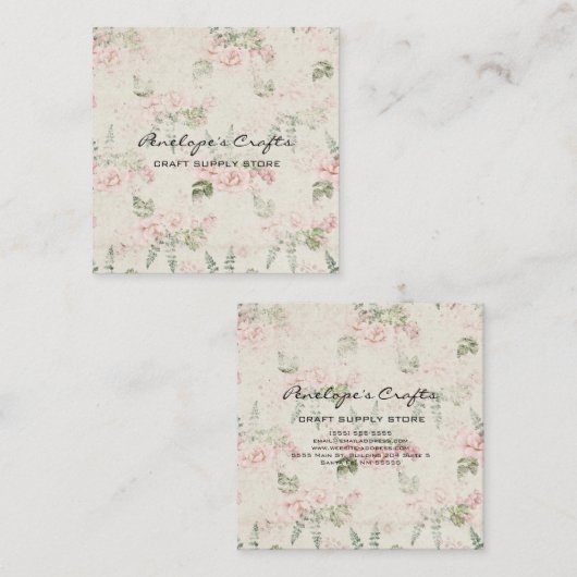 Shabby  Pink Floral Botanisch Vierkante Visitekaartje (Voorkant / Achterkant)