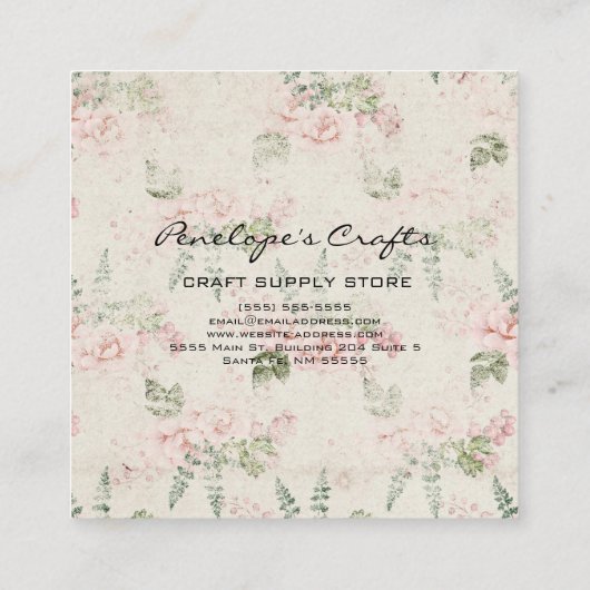 Shabby  Pink Floral Botanisch Vierkante Visitekaartje (Achterkant)