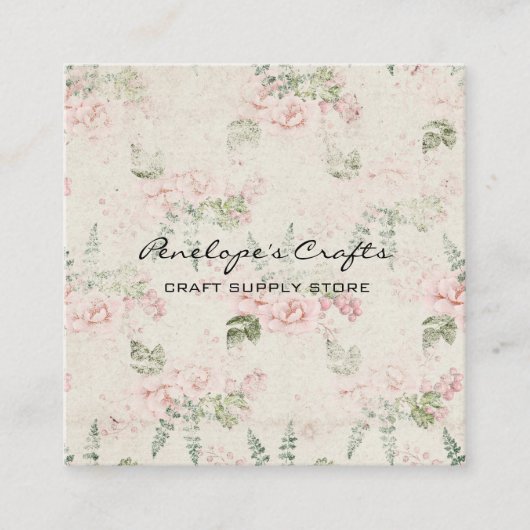 Shabby  Pink Floral Botanisch Vierkante Visitekaartje (Voorkant)