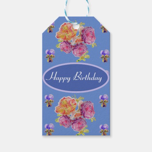 Shabby Pink Floral Roos Blue Cadeaulabel (Voorkant)