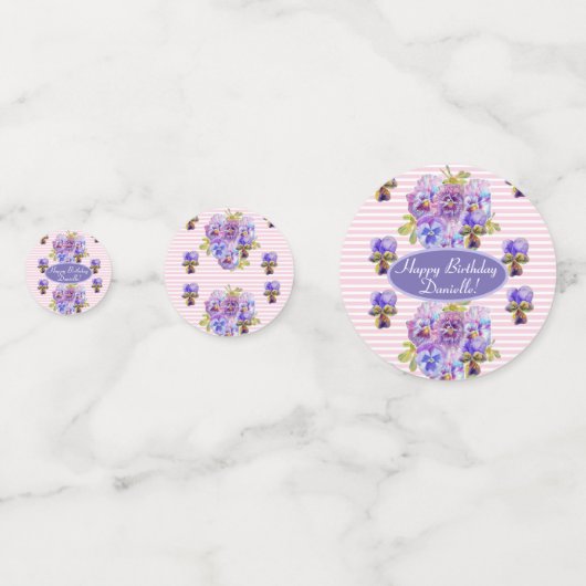 Shabby Pink Pansy Floral Party Paarse Streep Confe Confetti (Achterkanten)