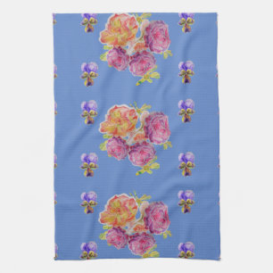 Shabby Pink Rose op Blue Floral Kitchen Tea Towel Theedoek