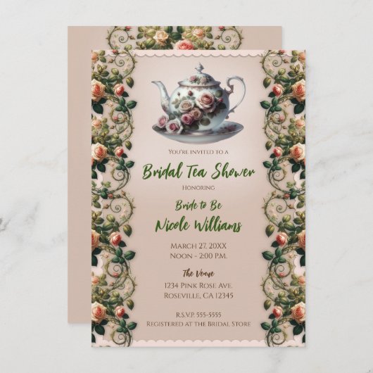 Shabby Pink Rose Vines Bloemen Bruids Thee Douche Kaart (Voorkant / Achterkant)