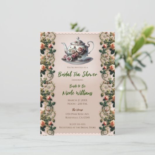 Shabby Pink Rose Vines Bloemen Bruids Thee Douche Kaart (Staand voorkant)