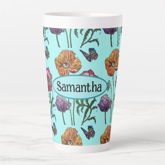 Shabby Poppy Red Paars op Aqua  naam Latte Mok (Voorkant)