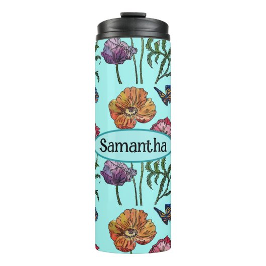 Shabby Poppy Red Paars op Aqua naam Thermosbeker (Voorkant)