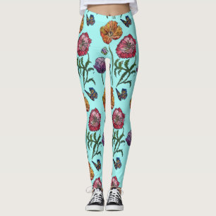 Shabby Poppy Red Paars op Aqua Turquoise Art Leggings