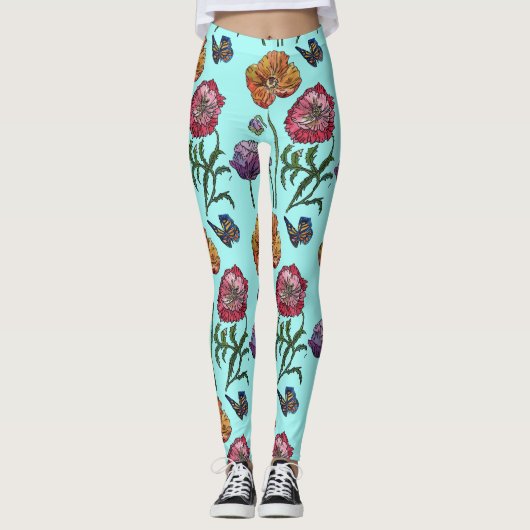 Shabby Poppy Red Paars op Aqua Turquoise Art Leggings (Voorkant)