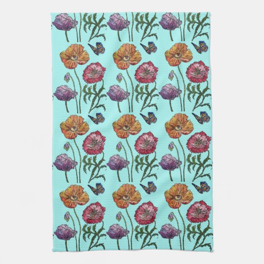 Shabby Poppy Red Paars op Aqua Turquoise Theedoek (Verticaal)
