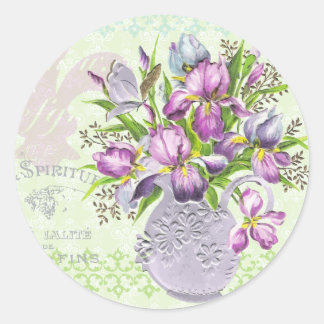  Shabby Purple Flowers Whimsical Green Ronde Sticker