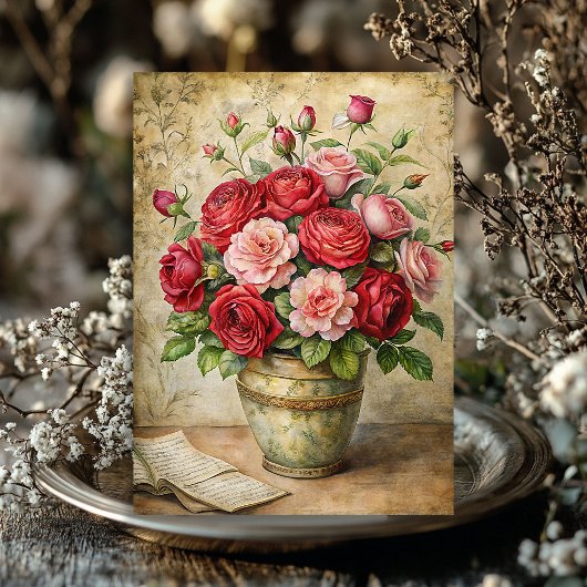 shabby rode rozen boeket in retro vaas tissuepapier