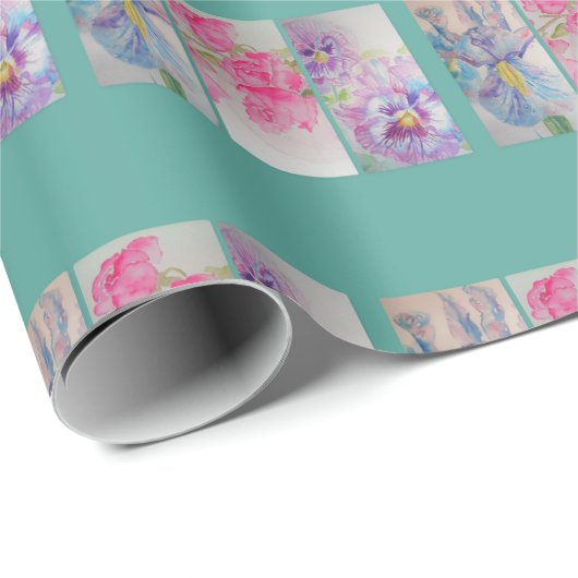 Shabby Roos Iris Turquoise Floral Wrapping Paper Cadeaupapier (Rol Hoek)