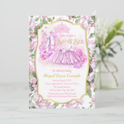 Shabby Roos Tutu Princess Sip en Bekijk Uitnodigin Kaart (Staand voorkant)