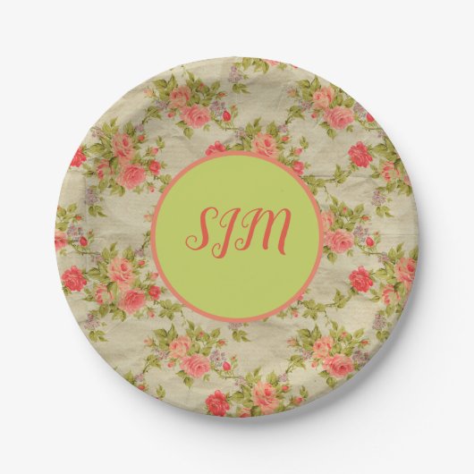Shabby Rozen Monogram Papieren Bordje (Voorkant)