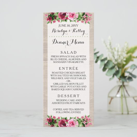 Shabby  Rozen Rustiek Bruiloft Diner Menu (Staand voorkant)