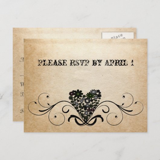 Shabby Rustic Black Heart RSVP Uitnodiging Briefkaart (Voorkant / Achterkant)