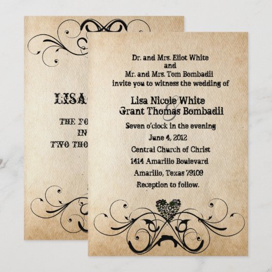 Shabby Rustic Black Heart Wedding Kaart (Voorkant / Achterkant)