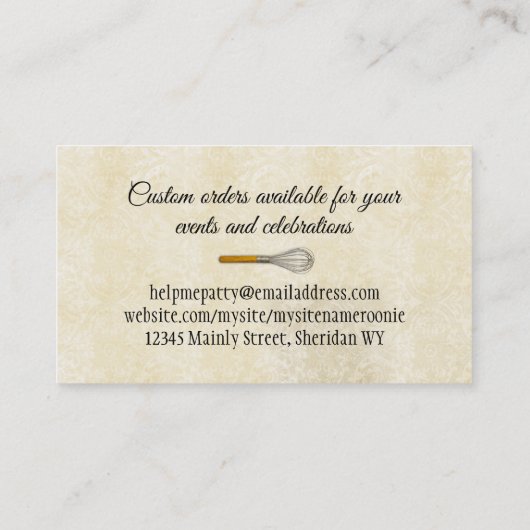 Shabby-scheermes, schort, whiskyreepkaarten visitekaartje (Achterkant)