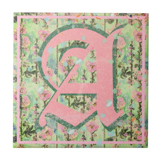 Shabby Shic Distressed Monogram Mallow Flowers Tegeltje (Voorkant)