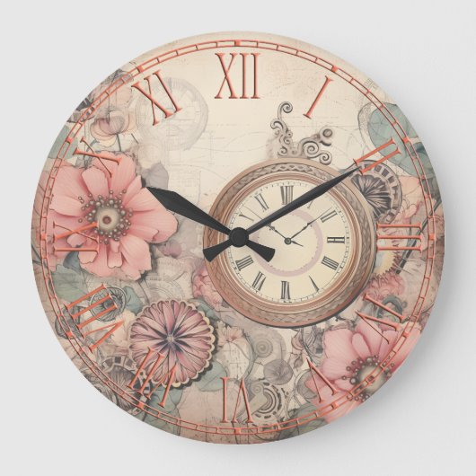 Shabby Steampunk Clocks and Florals Wall Clock Grote Klok (Voorkant)