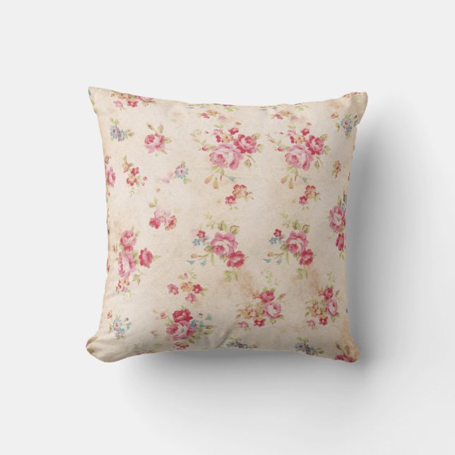 Shabby  Stijl Roze Blauwe Rozen Floral Kussen (Voorkant)