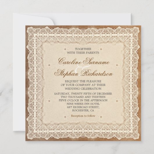 Shabby versleten kant huwelijksuitnodigingen kaart (Voorkant)