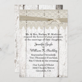 Shabby White Washed Wood and Lace Wedding Kaart