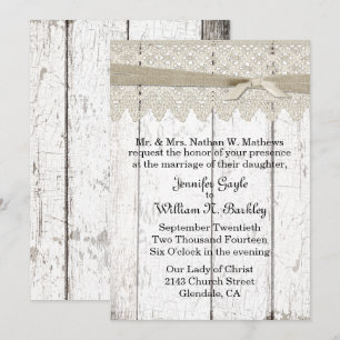 Shabby White Washed Wood and Lace Wedding Kaart