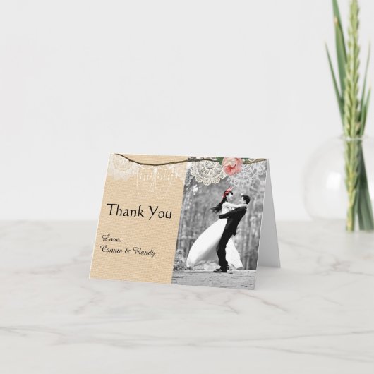 Shabbychic Jute Roze Bloem Sluiers Bruiloft Dank Bedankkaart (Voorkant)