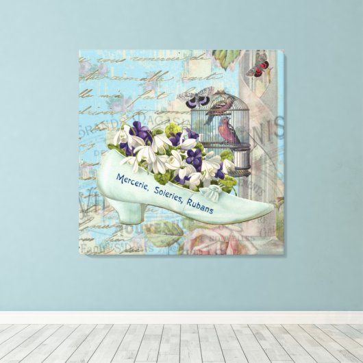 Shabbychic Paris collage roos Canvas Afdruk (Insitu (Houten vloer))