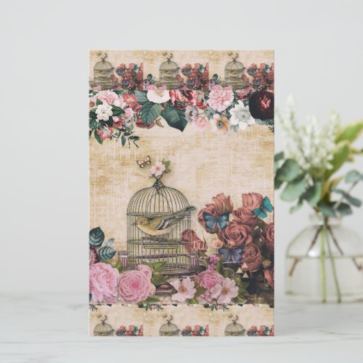 Shabbykic,  collage, vogels, vlinders, bloem briefpapier (Staand voorkant)