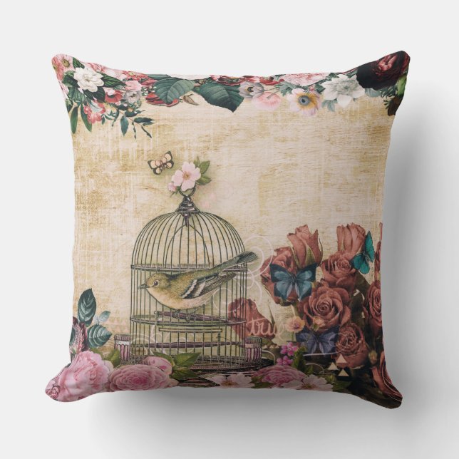 Shabbykic,  collage, vogels, vlinders, bloem kussen (Voorkant)