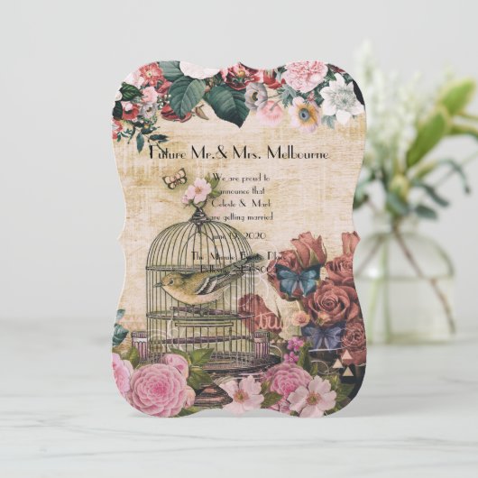 shabbyschil, collage, vogels, vlinders,vic save the date (Staand voorkant)